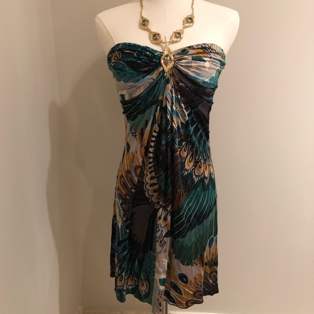 Gold Green Strapless Peacock Print Flowy Siren Mini Runway Formal Sexy Dress